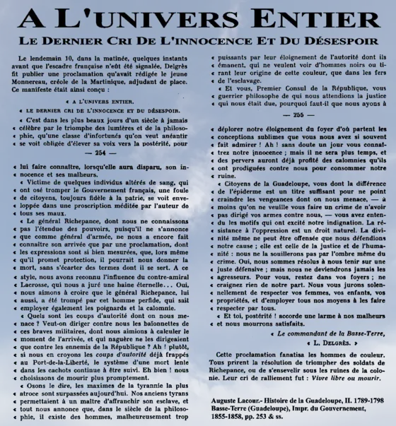 Reproduction de la proclamation de Louis Delgrès « À l'univers entier, le dernier cri de l'innocence et du désespoir » (Basse-Terre, 1802).